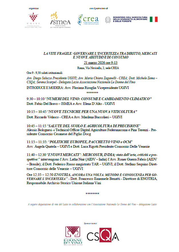 LA VITE FRAGILE, CONVEGNO IN ROMA, 21 MARZO 2026 ORE 9-13 1